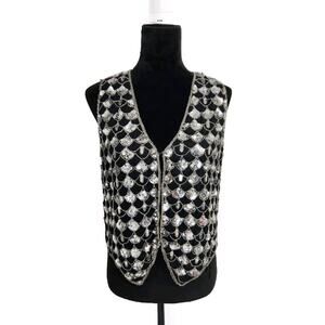 Vtg 80s COTTON ZONE India SILK Black Silver SEQUIN Fish Scale Pattern VEST M EUC